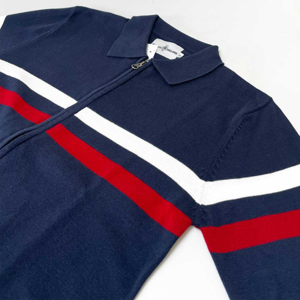 Madcap England Mavers Mod Knitted Chest Stripe Track Top in Navy Blazer