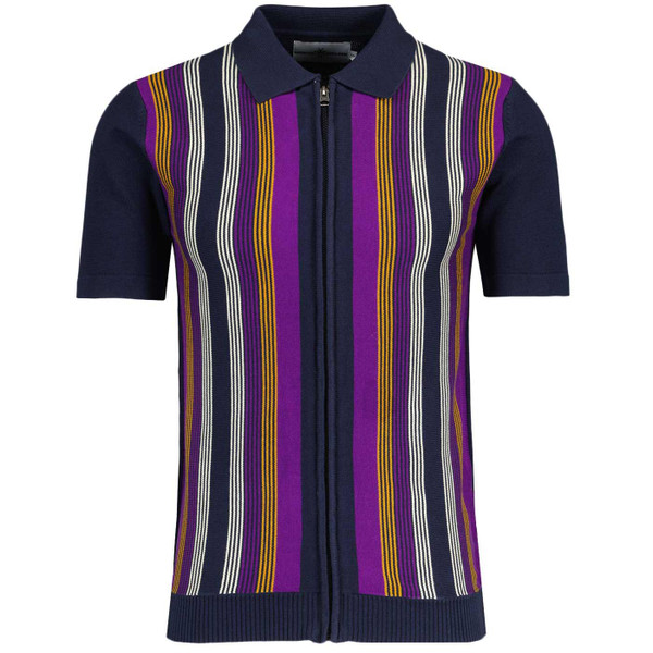 Madcap England Capitol Stripe Knit Zip Through Mod Polo Shirt in Navy Blazer MC333
