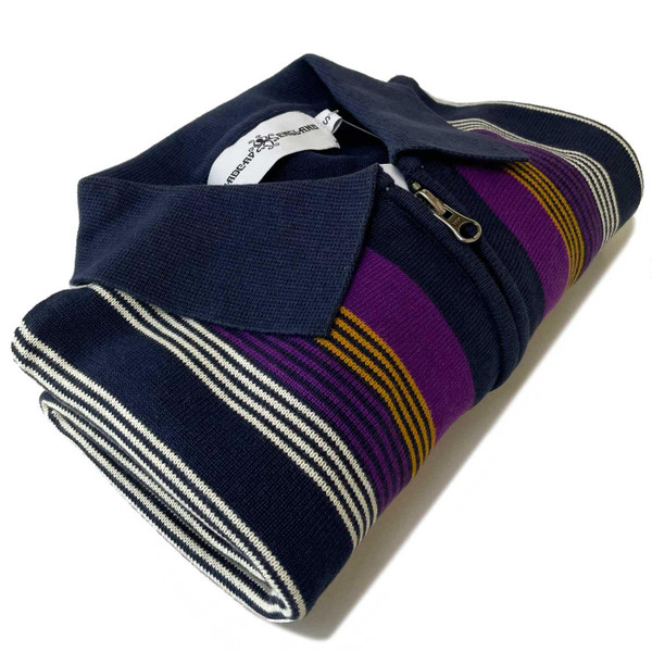 Madcap England Capitol Stripe Knit Retro 1960s Zip Through Polo Shirt in Navy Blazer MC333