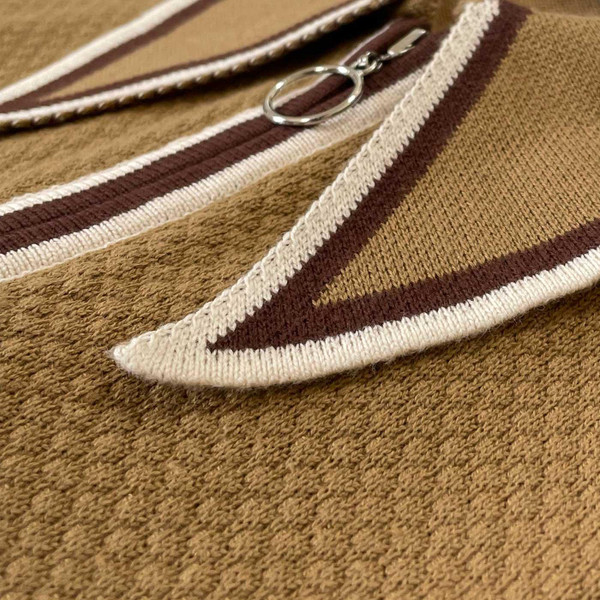 Madcap England Mack Mod Dagger Collar Popcorn Knit Tipped Zip Through Polo Shirt in Fall leaf