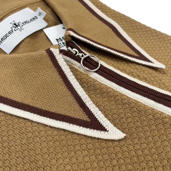 Madcap England Mack 60s Dagger Collar Popcorn Knit Tipped Zip Through Polo Shirt in Fall leaf