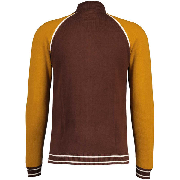 Fuller Madcap England Retro 70s Colour Block Raglan Sleeve Knitted Track Jacket in Potting Soil