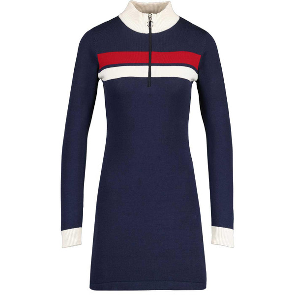 Madcap England Alice 60s Mod Chest Stripe Funnel Neck Knitted Dress in Navy