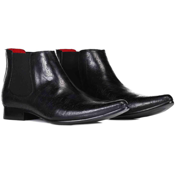 Madcap England Gauntlet Retro 1960s Mod Paisley Embossed Cuban Winklepicker Chelsea Boots Black