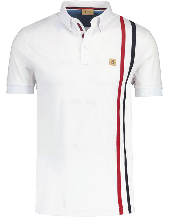 Gabicci Vintage Patrick Retro Mod Racing Stripe Jersey Polo Shirt in White