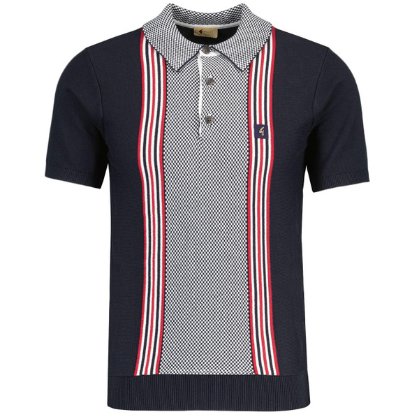 Gabicci Vintage Hadon Mod Ska Check Panel Knitted Polo Top in Navy