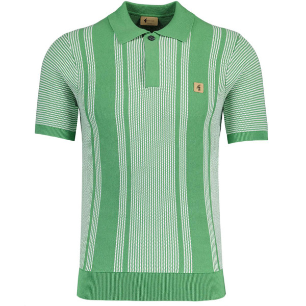 Gabicci Vintage Men's Mod Pinstripe Panel Knit Polo Shirt in Verde