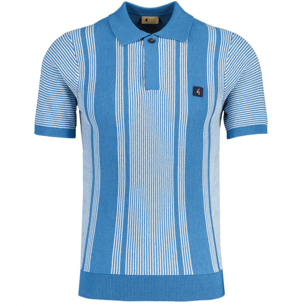 Gabicci Vintage Dante 60s Mod Stripe Knit Polo Shirt in Aqua