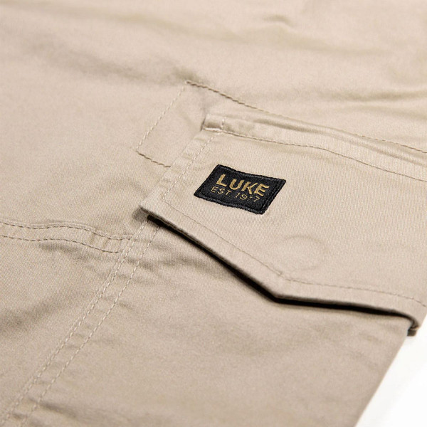 Luke Suez Retro 90s Workwear Cargo Shorts in Sand Pocket Close Up