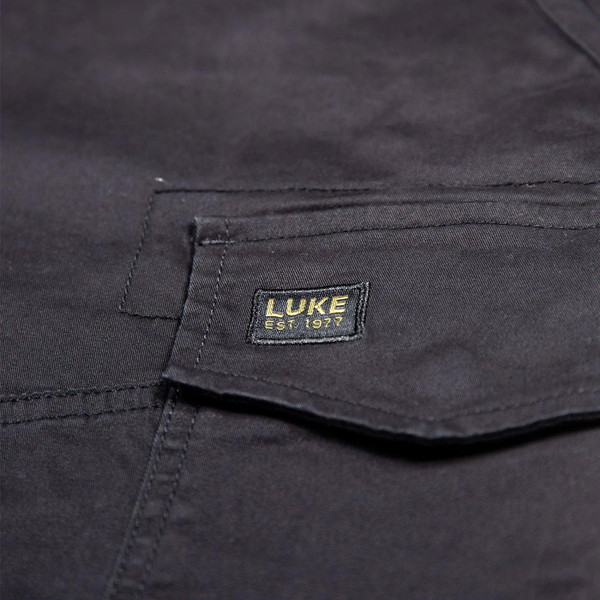 Luke Suez Retro Workwear Cargo Shorts in Black Pocket Close Up