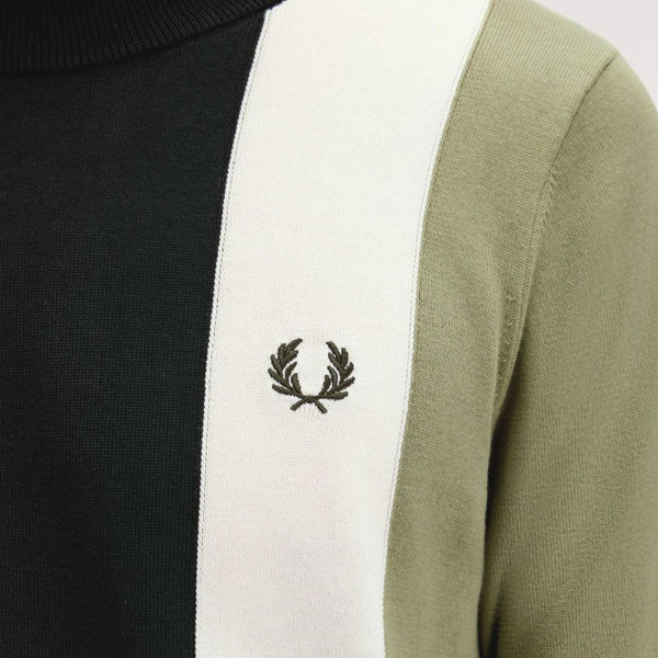 Fred Perry 60s Mod Knitted Stripe Panel T-shirt in Olive K9746 X88 Close Up