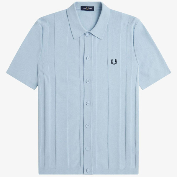 Fred Perry Mod Textured Knit Button Through Shirt in Light Smoke K9727 146 Flat Shot Front