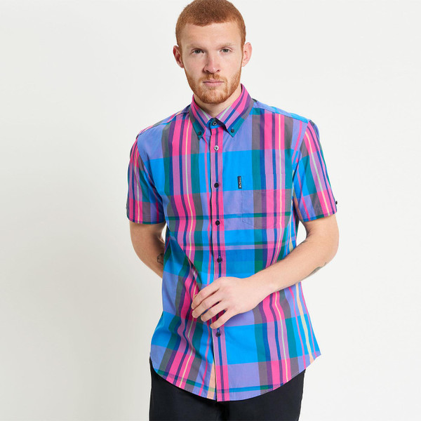 Ben Sherman Madras Check Button Down Shirt in Kingfisher 1012459 679 Model Photo Front
