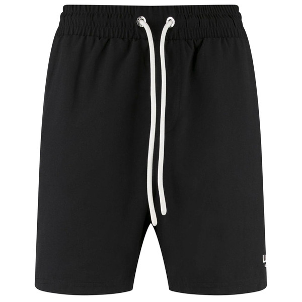 Luke Stately Retro Drawcord Swim Shorts in Black Pictured from front