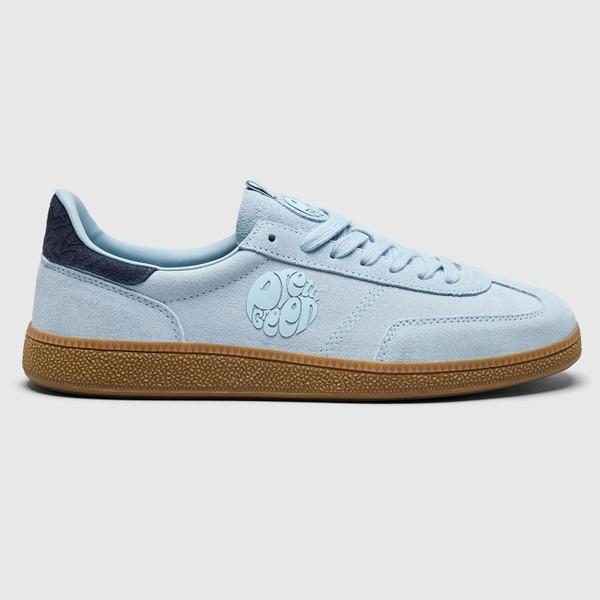 Pretty Green Ramblas Retro Britpop Suede Trainers in Blue Pictured from side