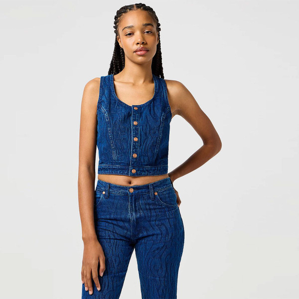 Wrangler Women's Groovy Jacquard Denim Shirt Vest in Blue
