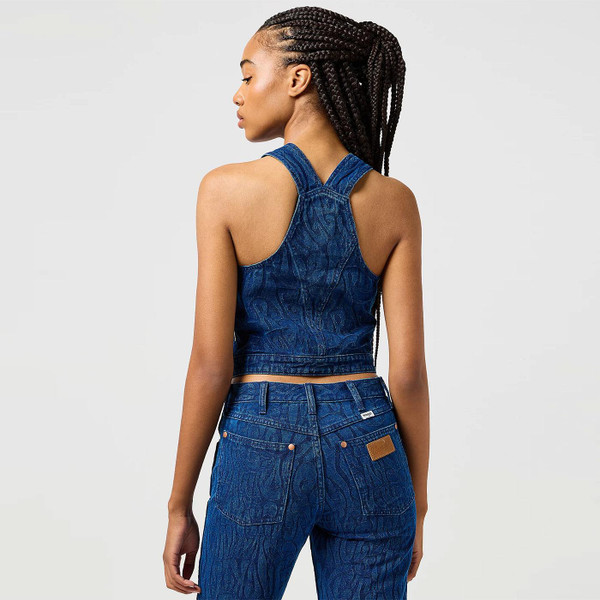 Wrangler Women's Retro Groovy Jacquard Denim Shirt Vest in Blue