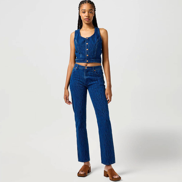 Wrangler Women's Retro Textured Groovy Jacquard Denim Shirt Vest in Blue