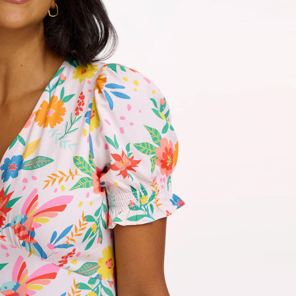 Sugarhill Brighton Maryjane Tropical Hummingbird Midi Dress Model Photo Close Up