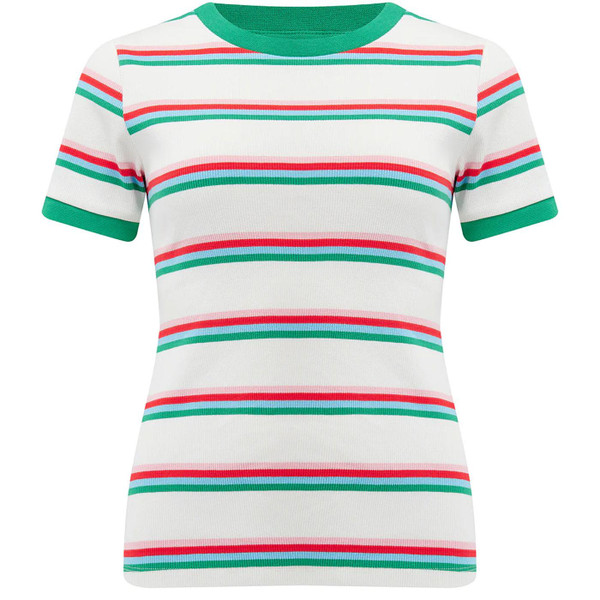 Sugarhill Brighton Velda Fitted Ribbed T-Shirt in Off-White/Retro Stripe