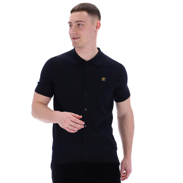Fila Gold Walter Retro Pointelle Knit Button Through Polo Shirt in Black