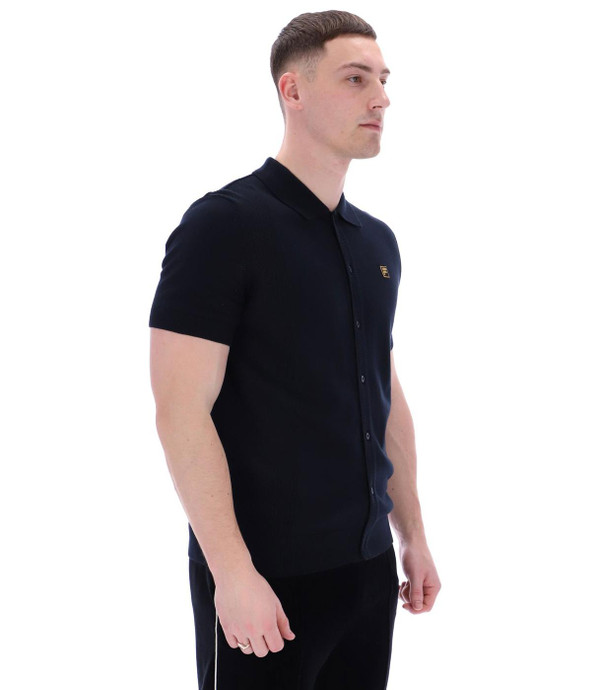 Fila Gold Walter 80s Mod Pointelle Knit Button Through Polo Shirt in Black