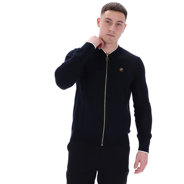 Fila Gold Pointelle Knitted Panel Retro 1980s Track Cardigan in Black