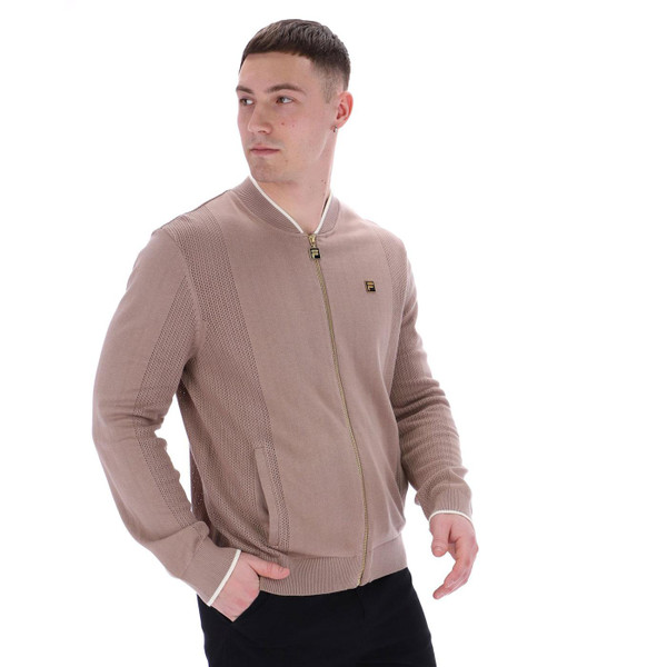 Fila Gold Ferguson Pointelle Panel Knit Mod Track Cardigan in Mocha