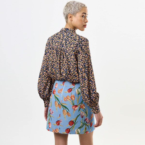 Louche London Aubin Retro Textured Tulip Jacquard Mini Skirt in Blue