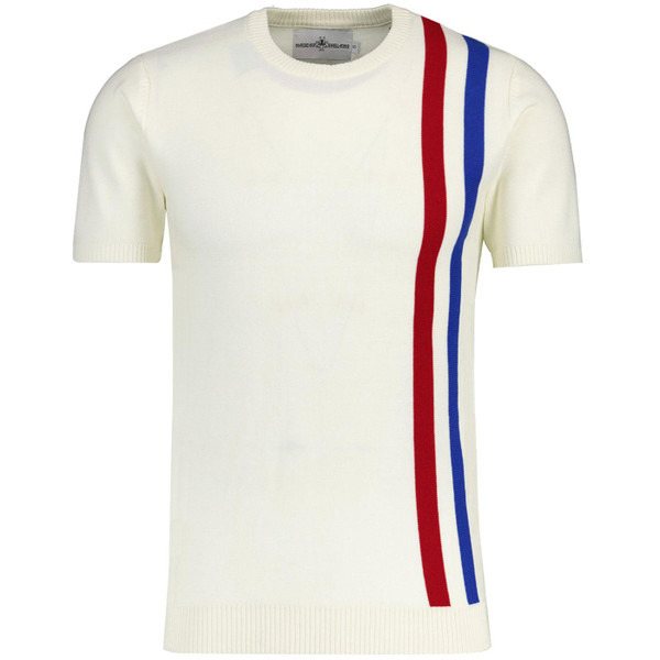 Madcap England Reaction Mod Racing Stripe Knitted T-shirt in Winter White Front Picture