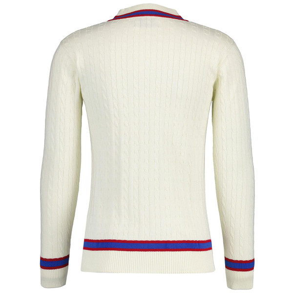 Madcap England Cable Knit V-neck Cricket Jumper in Winter White back picture