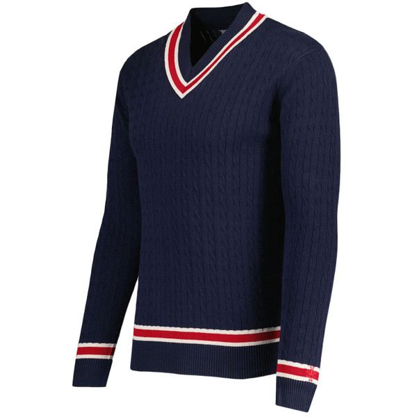 Madcap England Cable Knit V-neck Cricket Jumper in Navy Blazer side picture