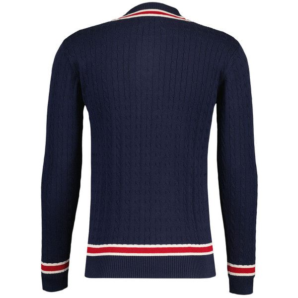 Madcap England Cable Knit V-neck Cricket Jumper in Navy Blazer back picture