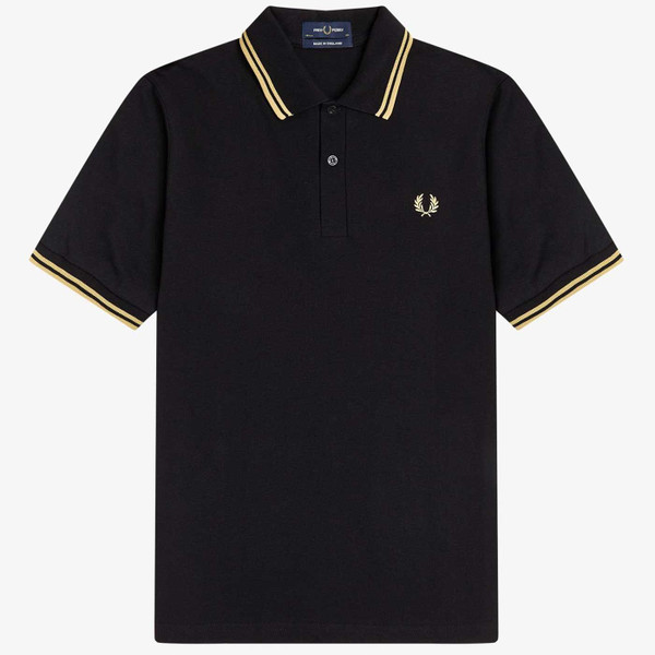 M12 Made in England Twin Tipped Polo Shirt by Fred Perry in Black/Champagne M12 157
