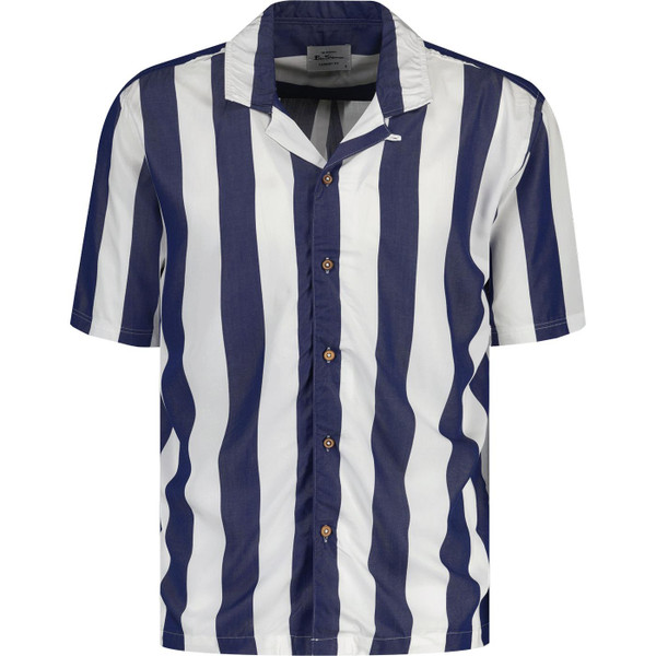 ben sherman mens deck chair stripe revere collar short sleeve shirt white blue