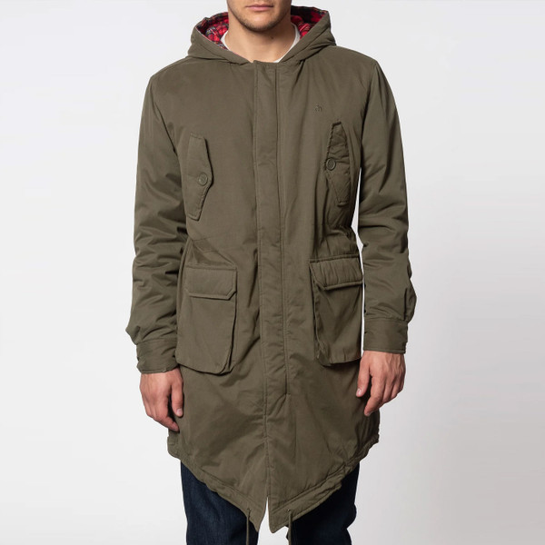 Model wearing Merc Tobias Men's Retro Mod 60s Fishtail Parka Coat in Army Green