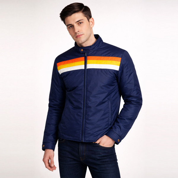 Man wearing Madcap England Delaney II Retro 70s Chest Stripe Racer Jacket MC402B