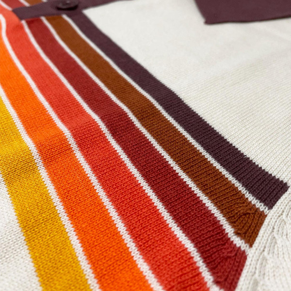 Madcap England Mix Tape 1970s Mod Gradient Stripe Knitted Polo Shirt in Birch MC1084