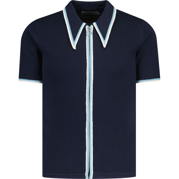 madcap england mens mack popcorn knit zip through spear collar short sleeve blazer navy
