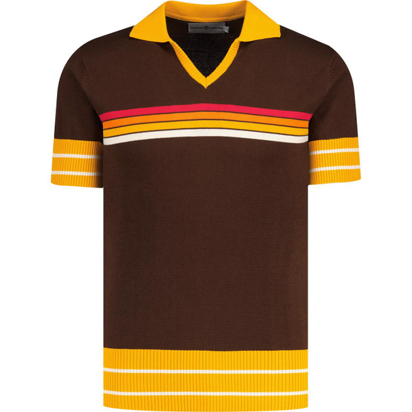 madcap england mens northern soul stripe skipper neck polo top potting soil brown yellow