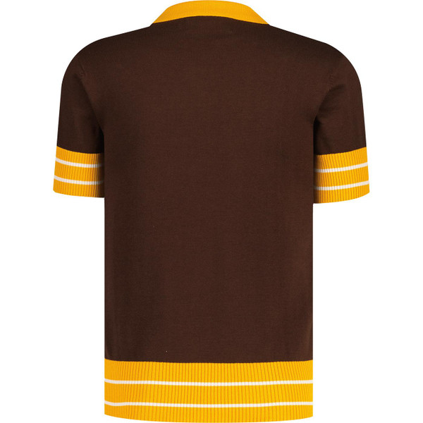 madcap england mens northern soul stripe skipper neck polo top potting soil brown yellow
