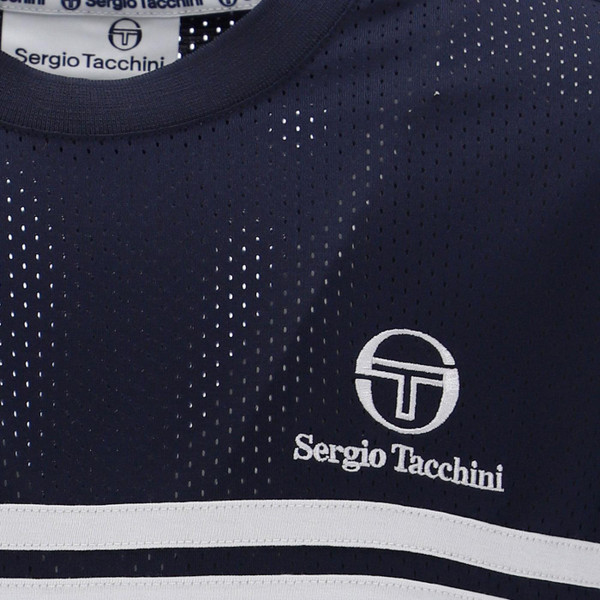 Sergio Tacchini Giacomo Double Stripe Mesh T-shirt in Maritime Blue Close Up 1