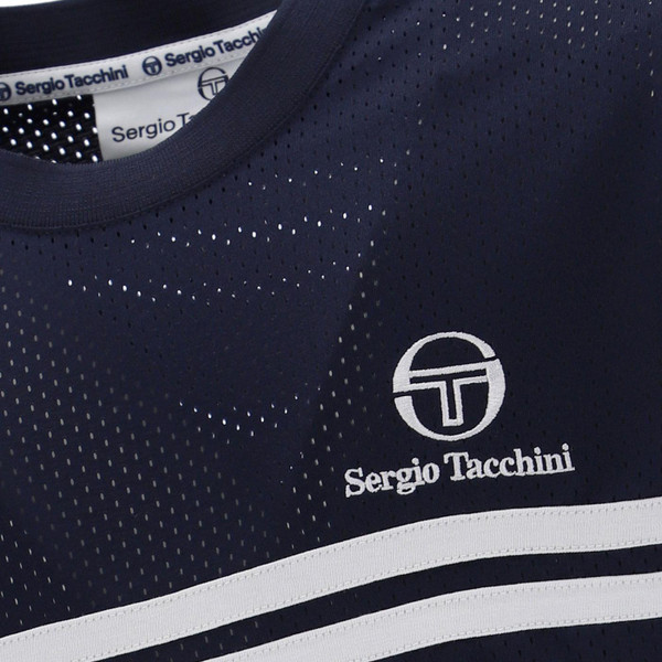 Sergio Tacchini Giacomo Double Stripe Mesh T-shirt in Maritime Blue Close Up 2