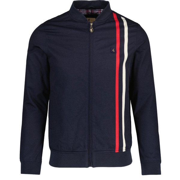 Gabicci Vintage Griffin Mod Racing Stripe Baseball Jacket in Navy Front Photo