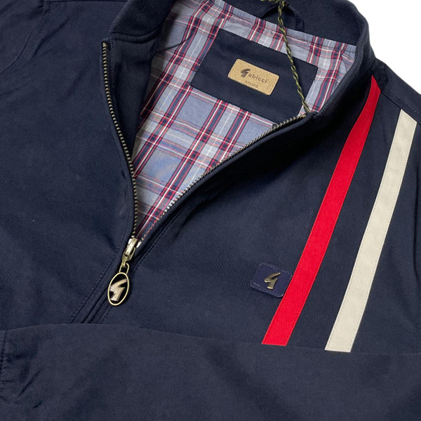 Gabicci Vintage Griffin Mod Racing Stripe Baseball Jacket in Navy Close Up