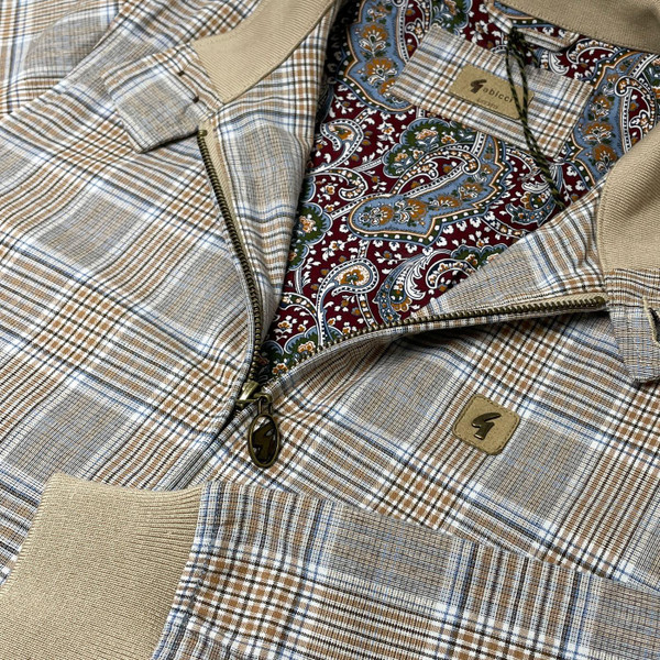 Gabicci Vintage Hadrian Mod Check Harrington Jacket in Latte Close Up