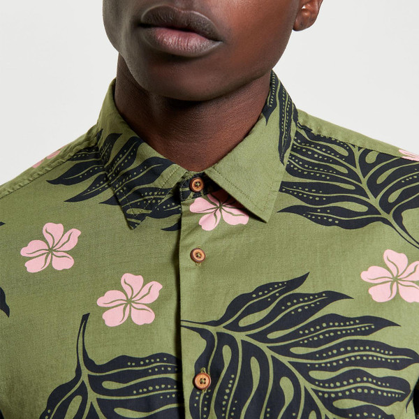 Ben Sherman Retro 70s Botanical Print Shirt in Olive 1012441 Close Up Model