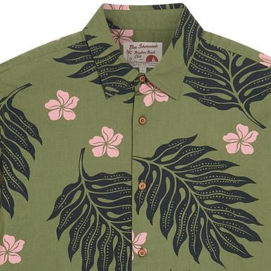 Ben Sherman Retro 70s Botanical Print Shirt in Olive 1012441 Close Up 1