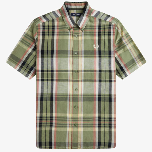 Fred Perry Madras Check Linen Blend Short sleeve Summer Shirt in Olive Mint
