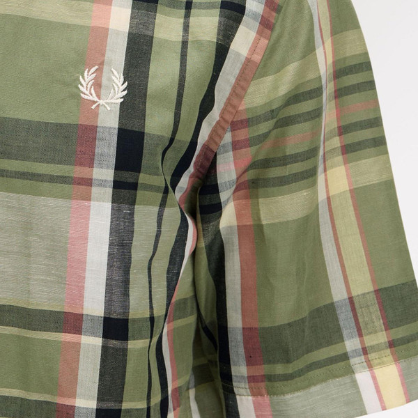 Branding on Fred Perry Madras Check Linen Blend Short sleeve Summer Shirt in Olive Mint